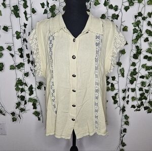 NWOT POL Boho Lace Cotton Gauze Yellow Green Puff Sleeve Button Down Blouse